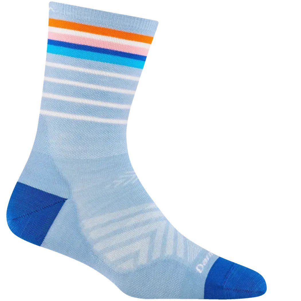Side view of the Darn Tough Women's Stride Micro Crew Ultra-Lightweight Sky socks showing the colorful stripe pattern and blue heel and toe against a white background.