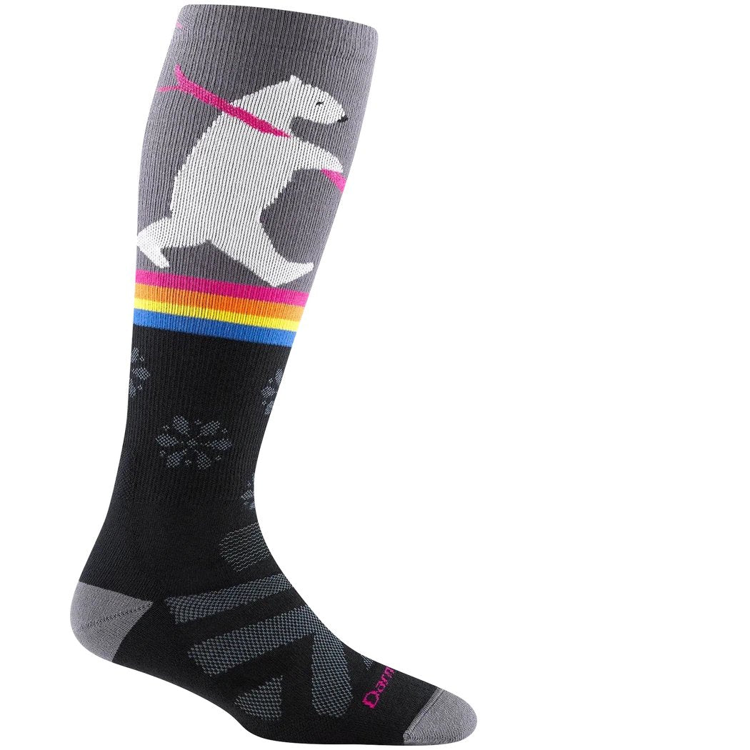 A side view of the Darn Tough Women's Thermolite Due North Over-the-Calf Midweight Ski & Snowboard Sock in Black showing a polar bear graphic and snowflake pattern against a white background.