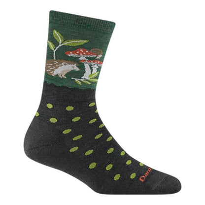 Side view of the Darn Tough Women's Wild Life Crew Lightweight with Cushion socks in Forest showing the hedgehog and mushroom design on the top cuff against a white background.
