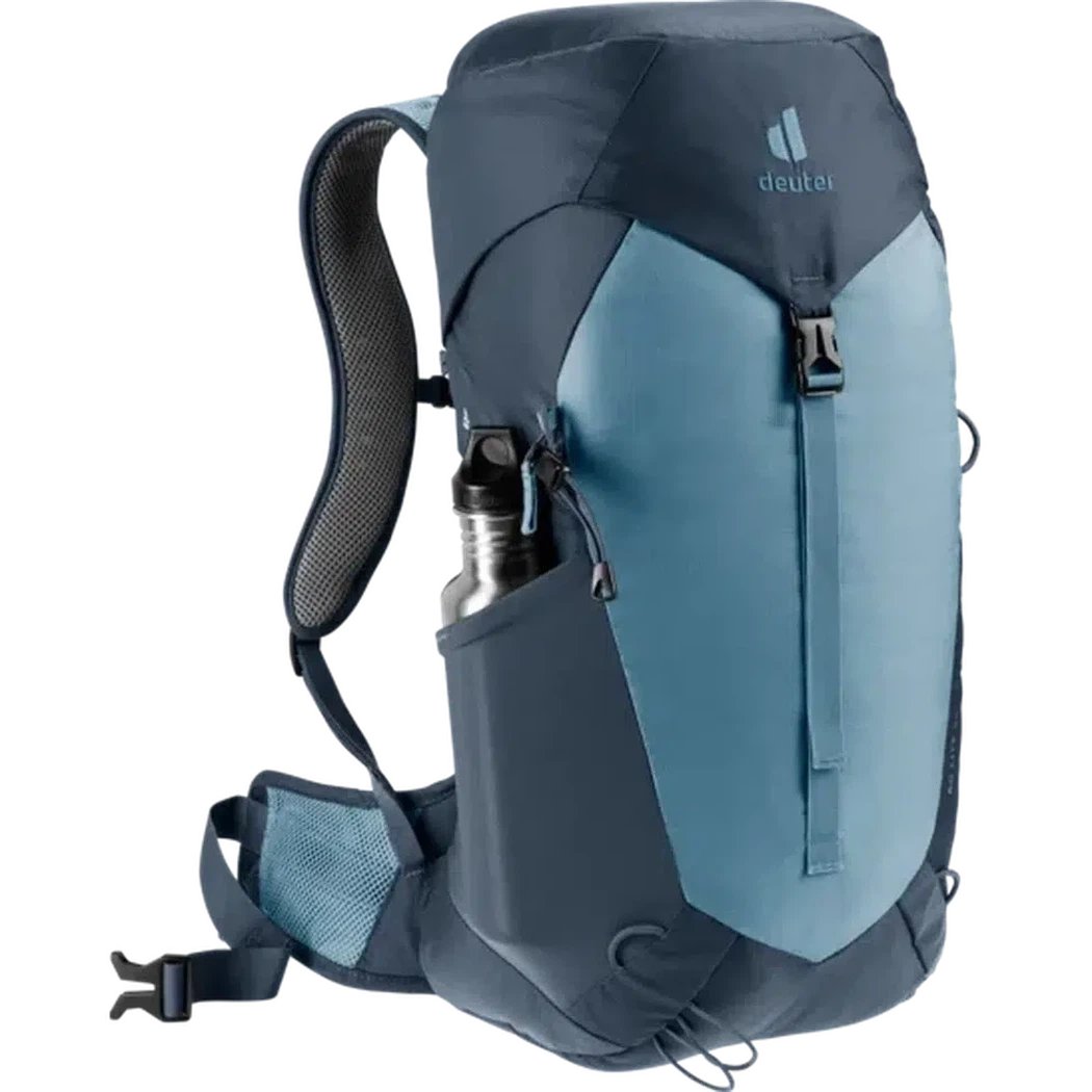 Side view of the Deuter AC Lite 24 in Atlantic Ink showing the water bottle pocket and mesh shoulder straps against a white background.