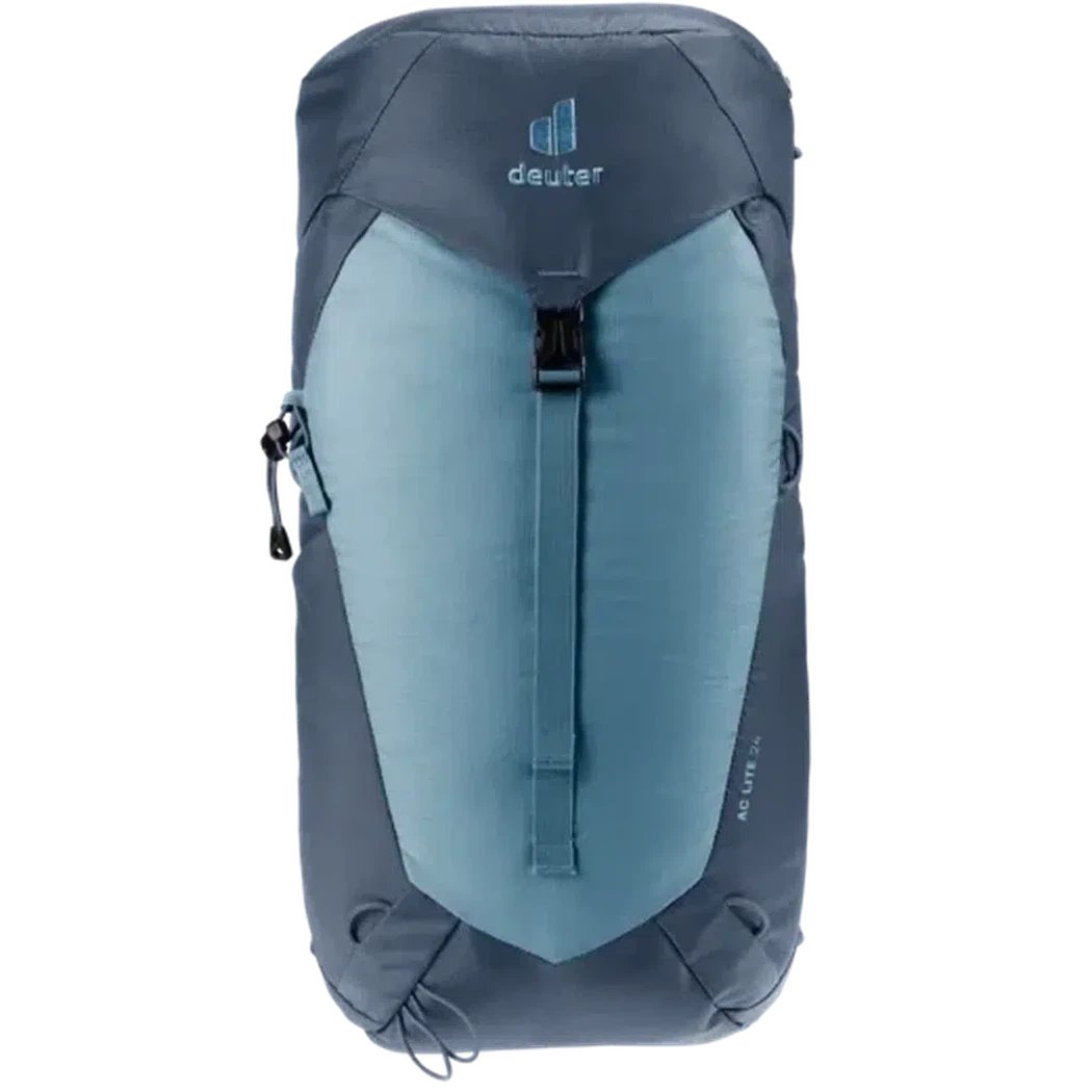 Back view of the Deuter AC Lite 24 backpack in Atlantic Ink showing the front buckle and zippered pocket against a white background.