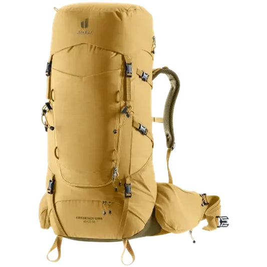 Side view of the Deuter Aircontact Core 45+10 SL in Savanna Nori showing the top lid and hip belt against a white background.