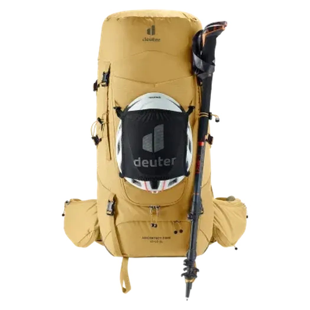 Back view of the Deuter Aircontact Core 45+10 SL in Savanna Nori with a helmet pocket and trekking pole attached, against a white background.
