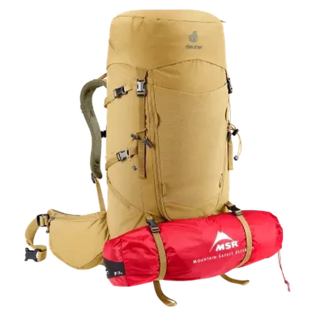 Side view of the Deuter Aircontact Core 45+10 SL in Savanna Nori showing the front pocket and attached red MSR sleeping bag against a white background.