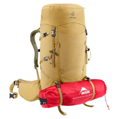 Side view of the Deuter Aircontact Core 45+10 SL in Savanna Nori showing the front pocket and attached red MSR sleeping bag against a white background.