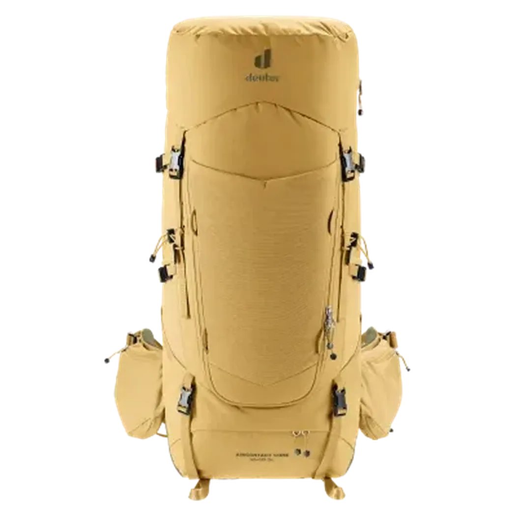 Back view of the Deuter Aircontact Core 45+10 SL in Savanna Nori showing the front pocket and side pockets against a white background.