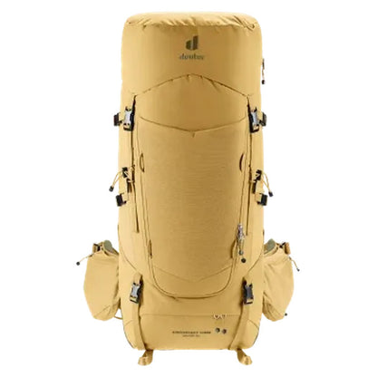 Back view of the Deuter Aircontact Core 45+10 SL in Savanna Nori showing the front pocket and side pockets against a white background.
