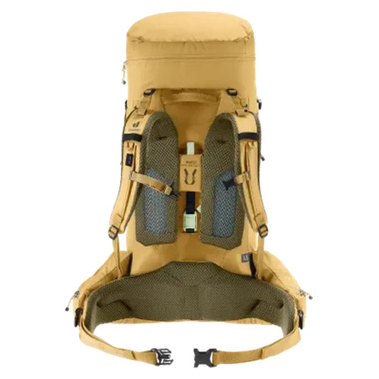 Back view of the Deuter Aircontact Core 45+10 SL in Savanna Nori showing the padded mesh back panel and hip belt against a white background.