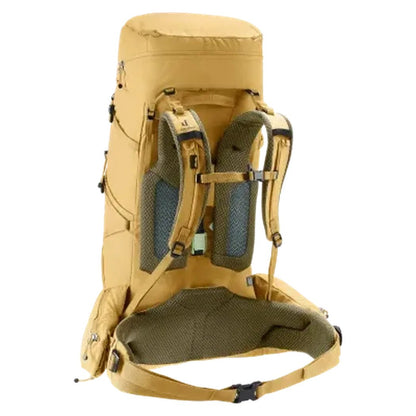 Back view of the Deuter Aircontact Core 45+10 SL in Savanna Nori showing padded shoulder straps and a mesh back panel against a white background.