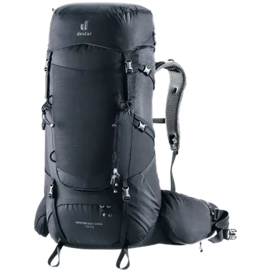 Side view of the Deuter Aircontact Core 50 + 10 black backpack showing straps and a white background.