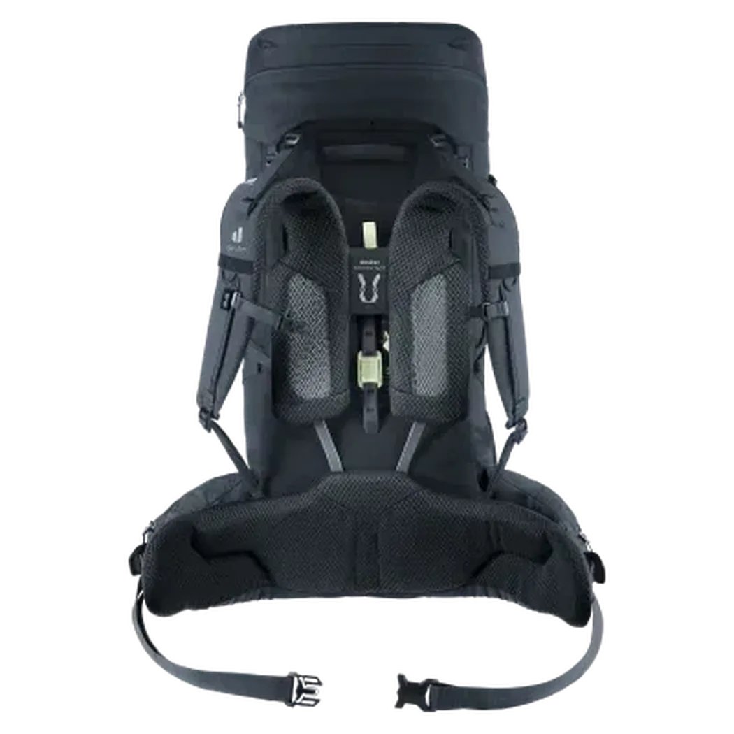 Back view of the Deuter Aircontact Core 50 + 10 backpack showing the padded back panel and waist belt against a white background.