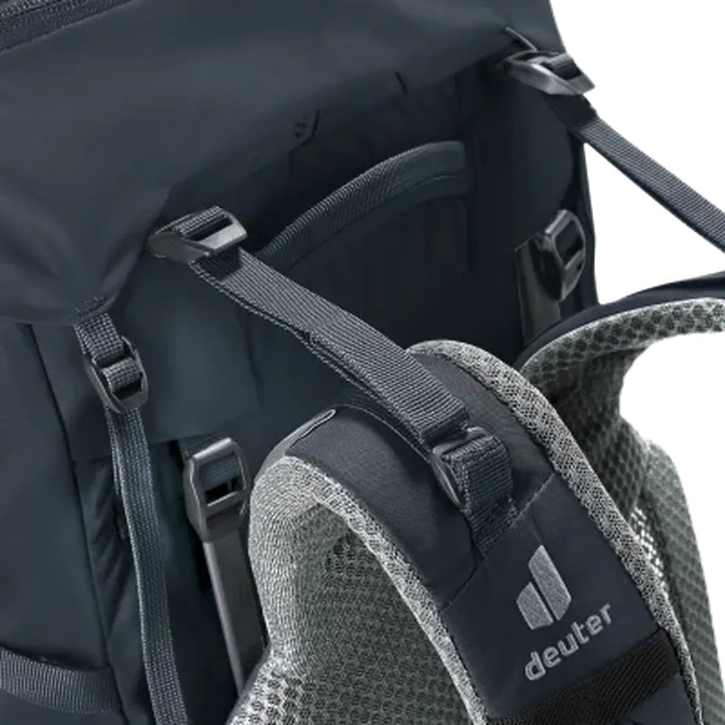 Close-up of the Deuter Aircontact Core 50 + 10 backpack in Black showing the shoulder strap and mesh padding.