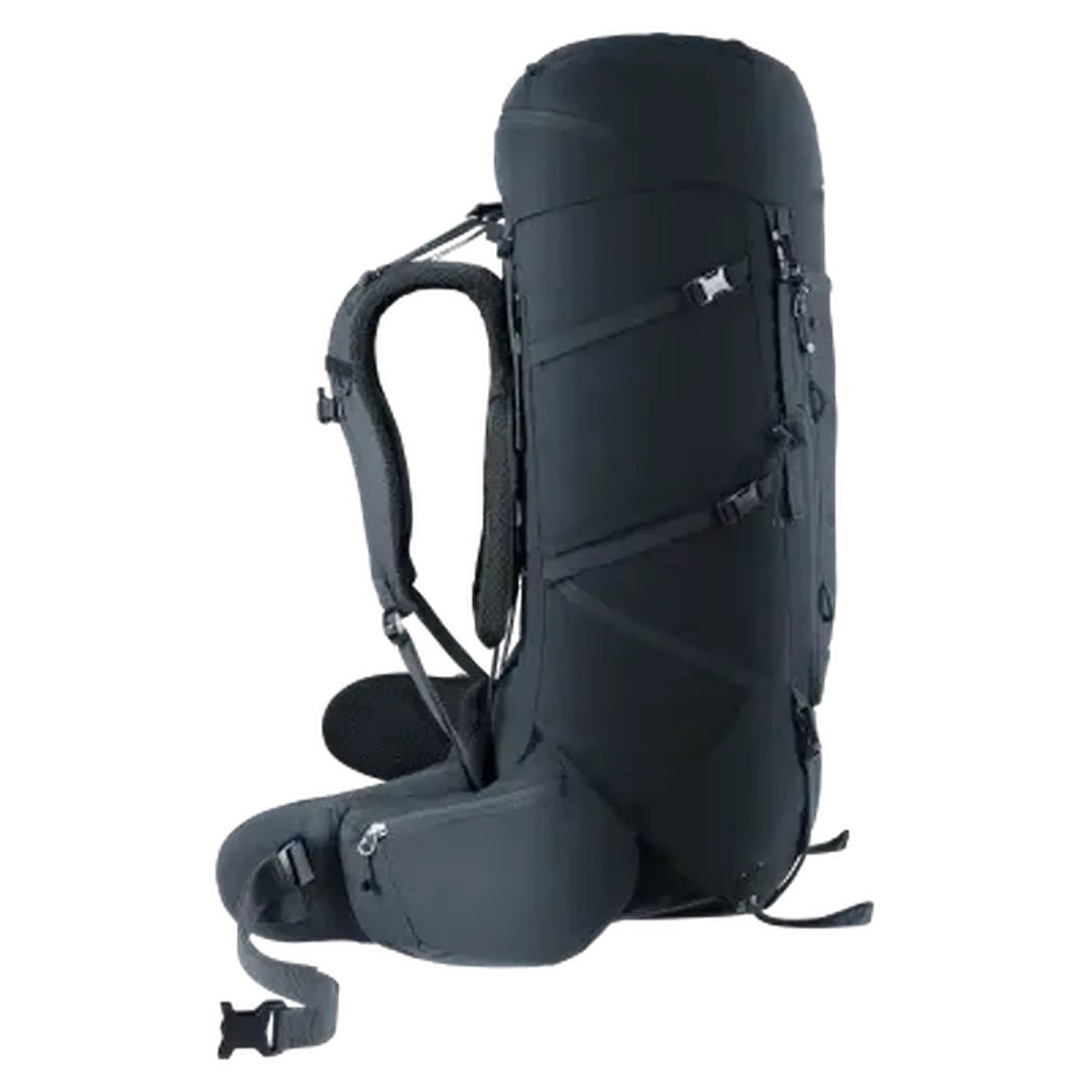 Side view of the Deuter Aircontact Core 50 + 10 black backpack showing the padded shoulder straps and hip belt against a white background.