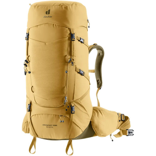 Side view of the Deuter Aircontact Core 55+10 SL backpack in Savanna Nori showing the top lid and side compression straps against a white background.