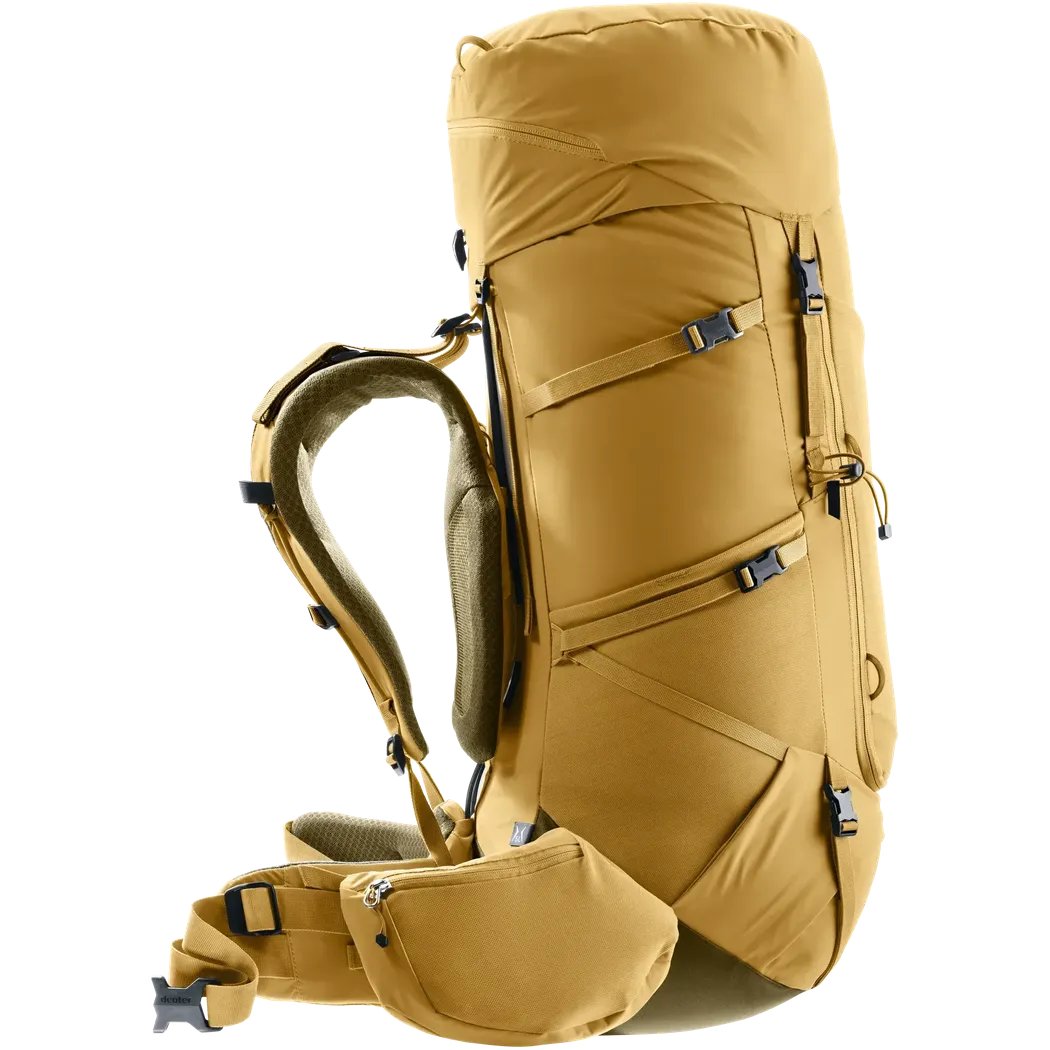 Side view of the Deuter Aircontact Core 55+10 SL in Savanna Nori showing the padded shoulder straps and hip belt against a white background.