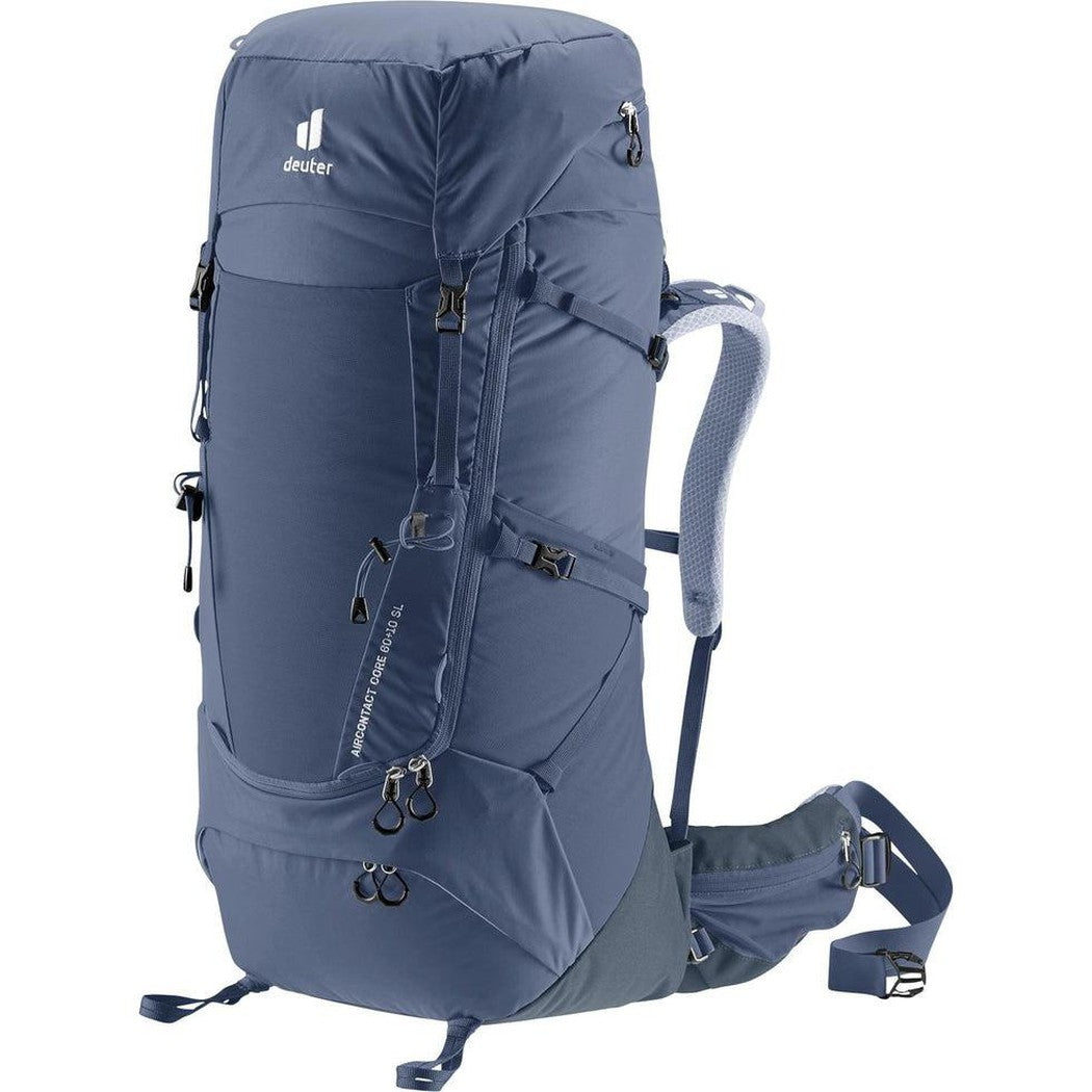 Side view of the Deuter Aircontact Core 60 + 10 SL in Ink Graphite showing multiple pockets and straps against a white background.