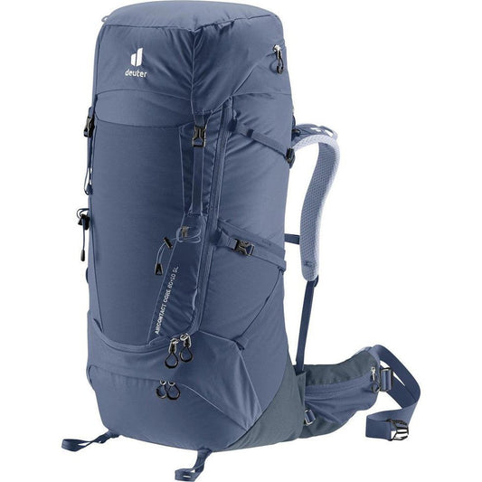 Side view of the Deuter Aircontact Core 60 + 10 SL in Ink Graphite showing multiple pockets and straps against a white background.