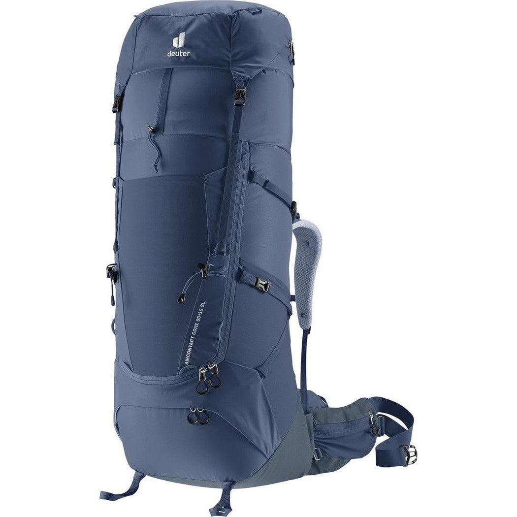 Side view of the Deuter Aircontact Core 60 + 10 SL in Ink Graphite showing the padded shoulder straps and white background.