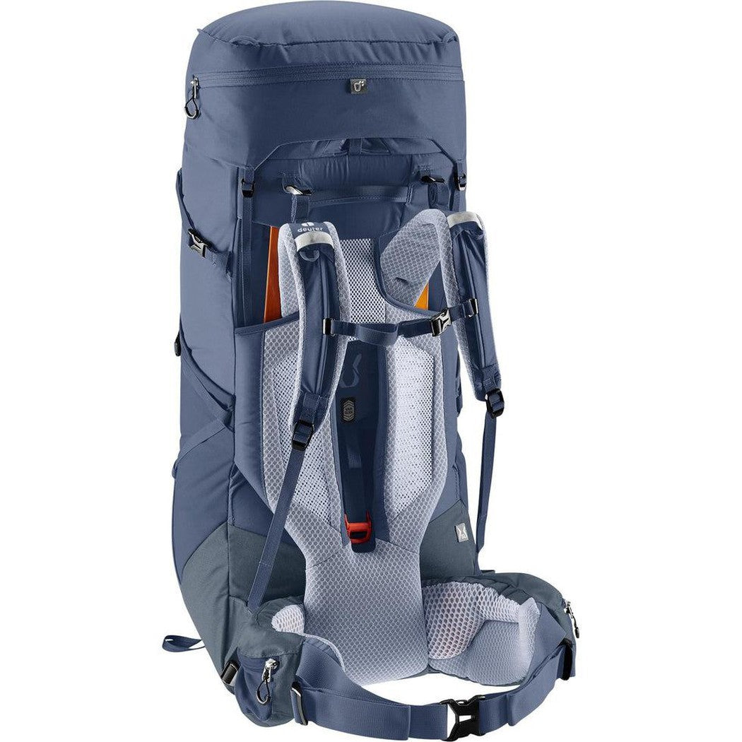 Back view of the Deuter Aircontact Core 60 + 10 SL in Ink Graphite showing the padded back panel and hip belt against a white background.