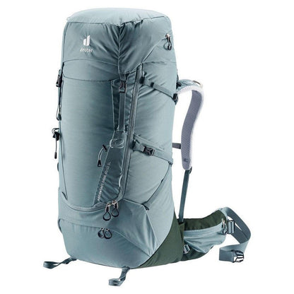 Side view of the Deuter Aircontact Core 60 + 10 SL in Ink Graphite showing the shoulder straps and multiple compartments against a white background.
