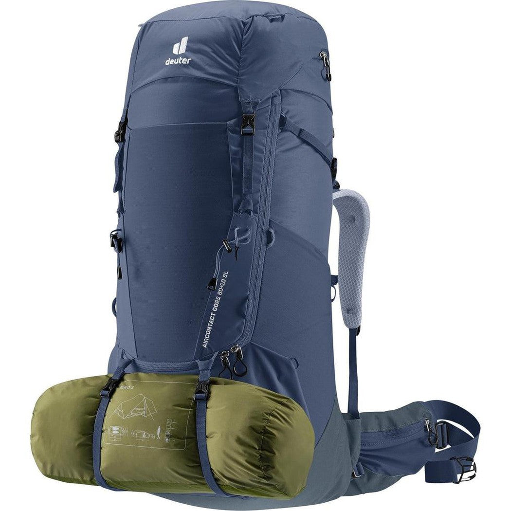 Side view of the Deuter Aircontact Core 60 + 10 SL in Ink Graphite showing the compression straps and attached sleeping bag against a white background.