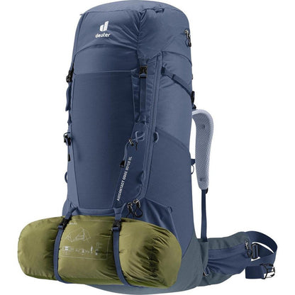 Side view of the Deuter Aircontact Core 60 + 10 SL in Ink Graphite showing the compression straps and attached sleeping bag against a white background.