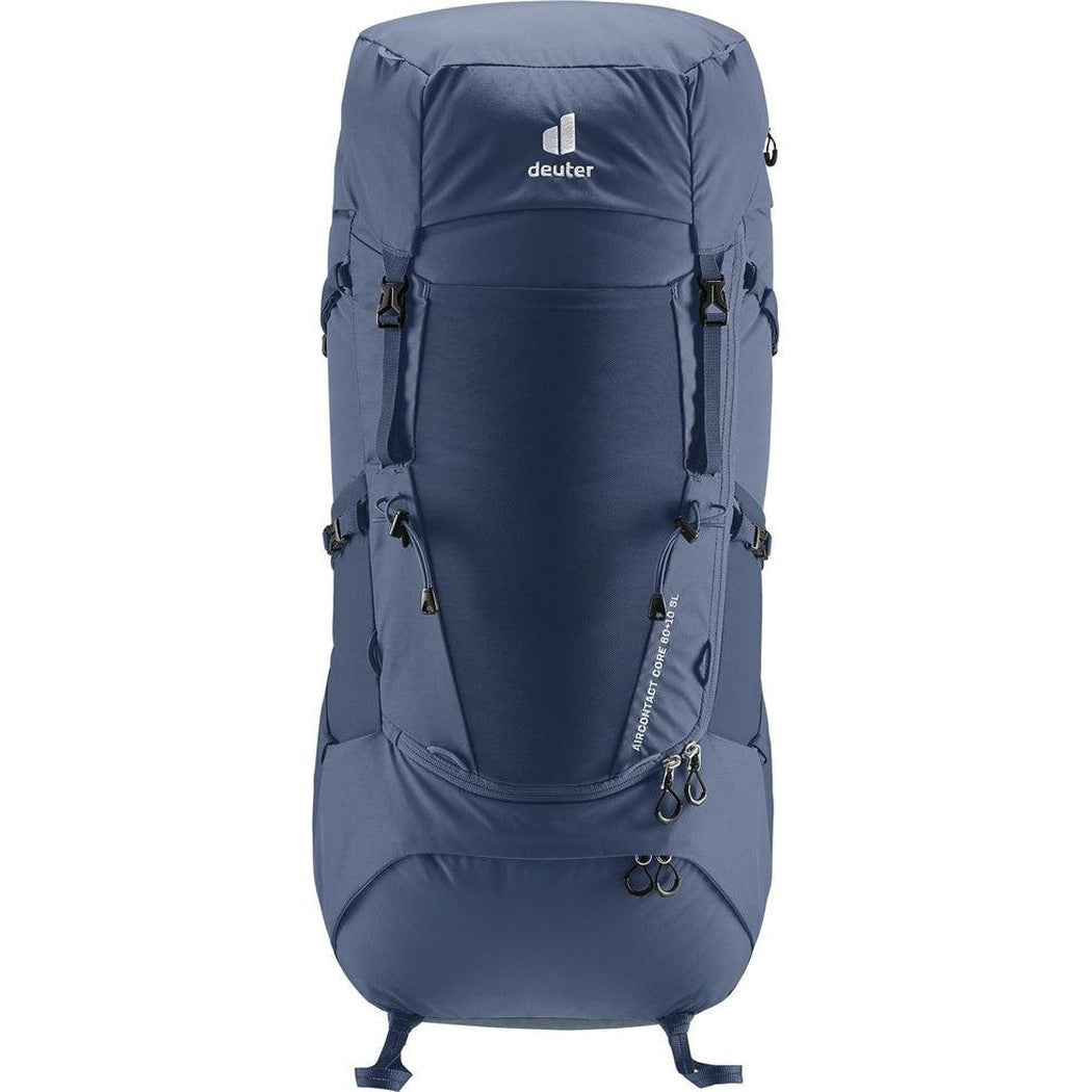 Back view of the Deuter Aircontact Core 60 + 10 SL in Ink Graphite showing the front pocket and straps against a white background.