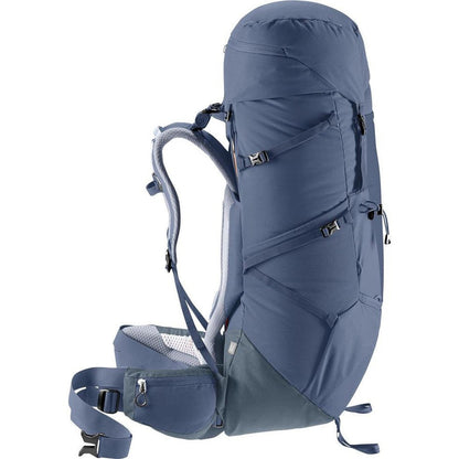Side view of the Deuter Aircontact Core 60 + 10 SL in Ink Graphite showing the padded shoulder straps and mesh hip belt against a white background.