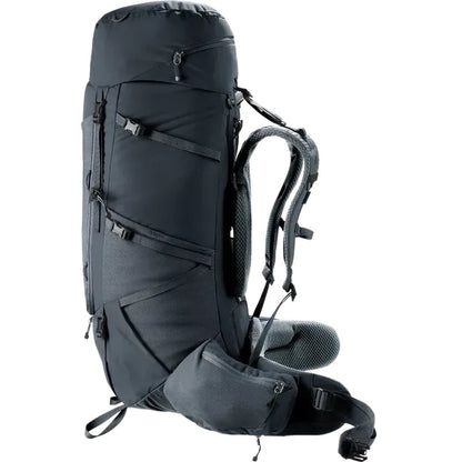 Side view of the Deuter Aircontact Core 60+10 black backpack showing straps and a padded hip belt against a white background.
