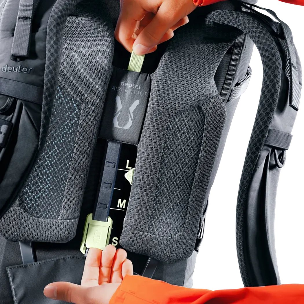 A close-up of the Deuter Aircontact Core 60+10 backpack in Black, showing the adjustable shoulder straps and a hand adjusting the fit.