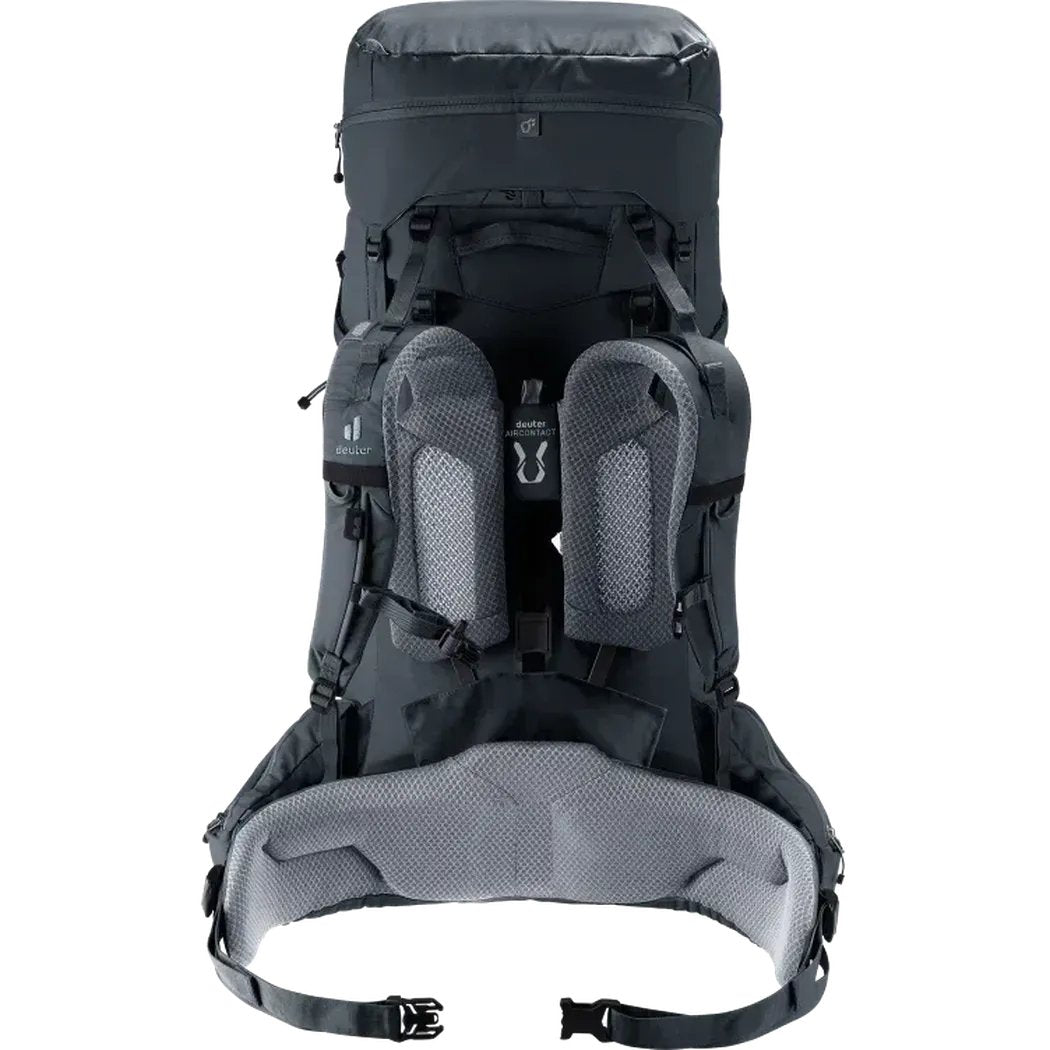 Back view of the Deuter Aircontact Core 60+10 black backpack showing padded shoulder straps and a mesh back panel against a white background.