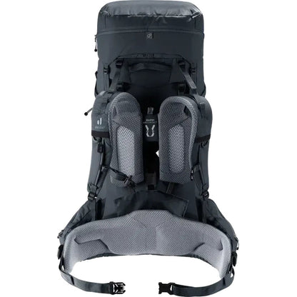 Back view of the Deuter Aircontact Core 60+10 black backpack showing padded shoulder straps and a mesh back panel against a white background.