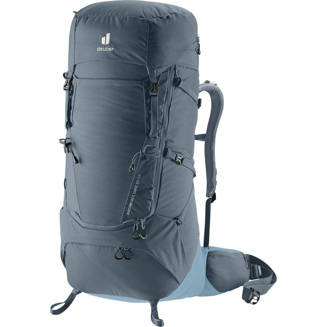 Side view of the Deuter Aircontact Core 65 + 10 backpack in Graphite Shale showing multiple compartments and straps against a white background.