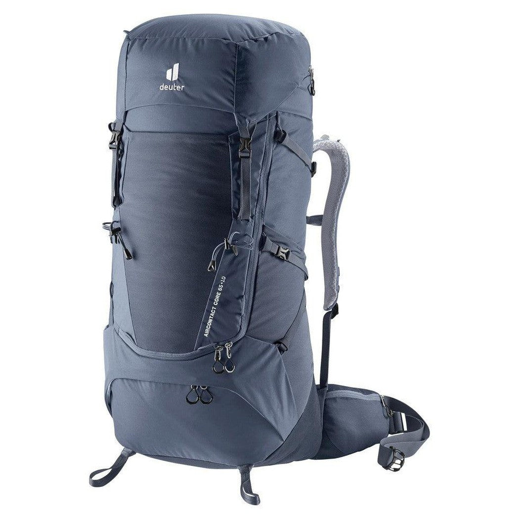 Side view of the Deuter Aircontact Core 65 + 10 in Graphite Shale showing the front pocket and shoulder straps against a white background.