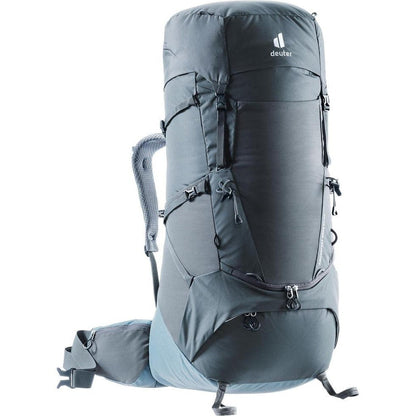Side view of the Deuter Aircontact Core 65 + 10 backpack in Graphite Shale with multiple compartments and straps against a white background.
