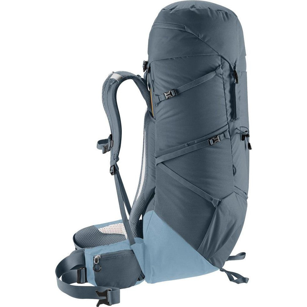 Side view of the Deuter Aircontact Core 65 + 10 in Graphite Shale showing the padded shoulder straps and mesh hip belt against a white background.