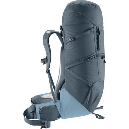 Side view of the Deuter Aircontact Core 65 + 10 in Graphite Shale showing the padded shoulder straps and mesh hip belt against a white background.