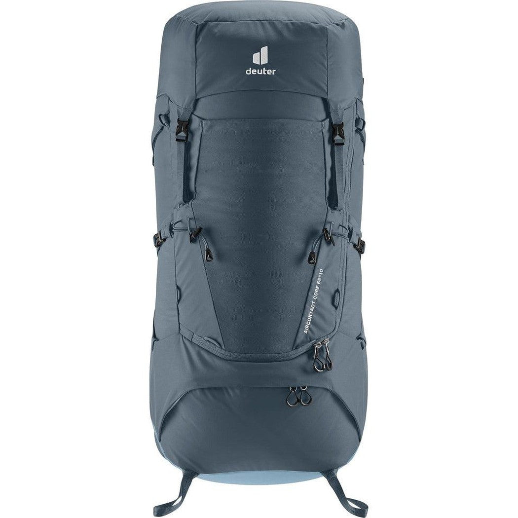 Back view of the Deuter Aircontact Core 65 + 10 in Graphite Shale showing the front pocket and straps against a white background.