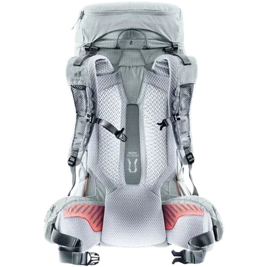Back view of the Deuter Aircontact Ultra 40+5 backpack in Tin Shale showing the breathable mesh back panel and red hip belt against a white background.