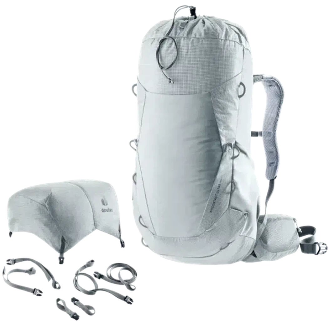 A front view of the Deuter Aircontact Ultra 40+5 in Tin Shale showing the rain cover and straps against a white background.