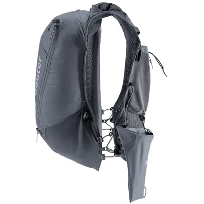 Side view of the Deuter Ascender 13 w/ (2) 500 ml Flask in Black showing the hydration pocket and adjustable straps against a white background.