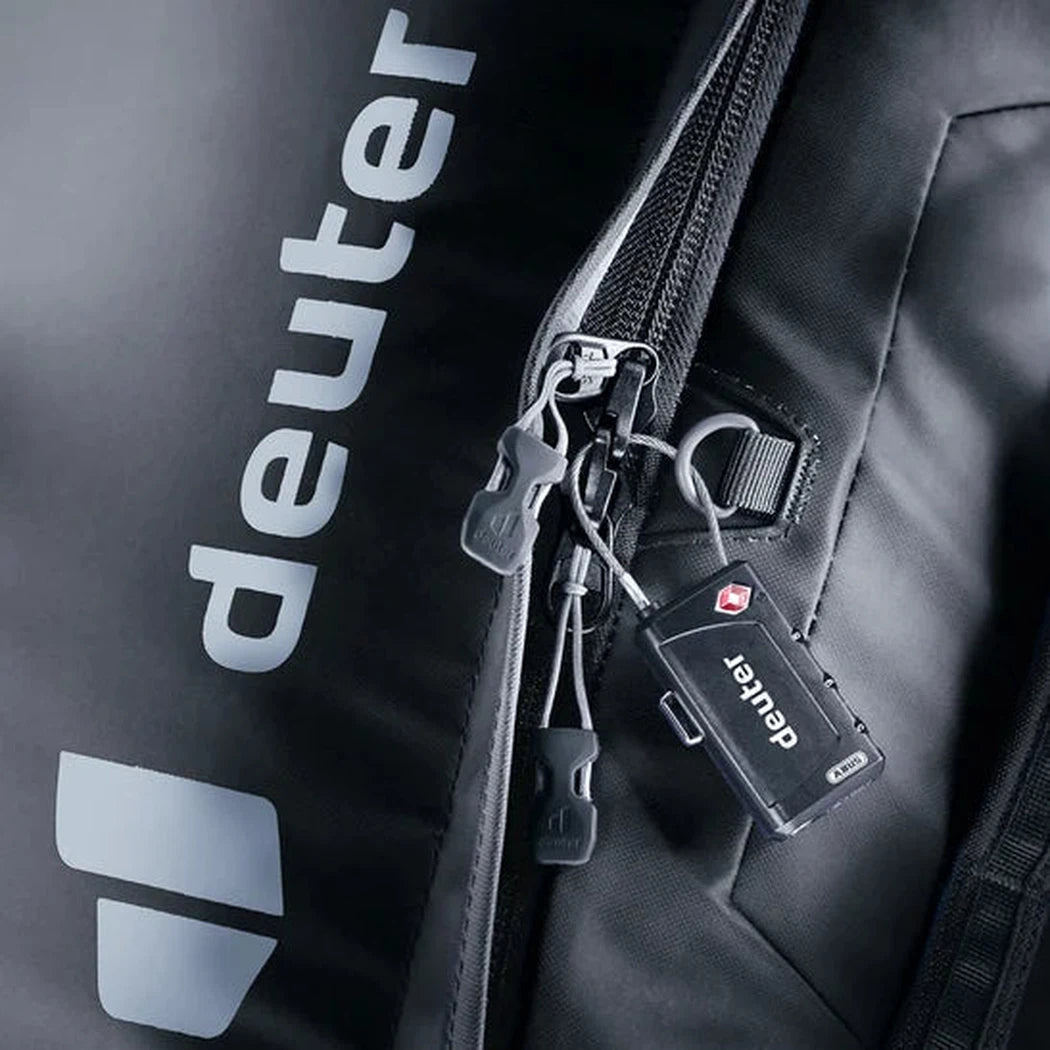 A close-up of the Deuter Duffel Pro Movo 60 in Black showing the zipper and brand tag.