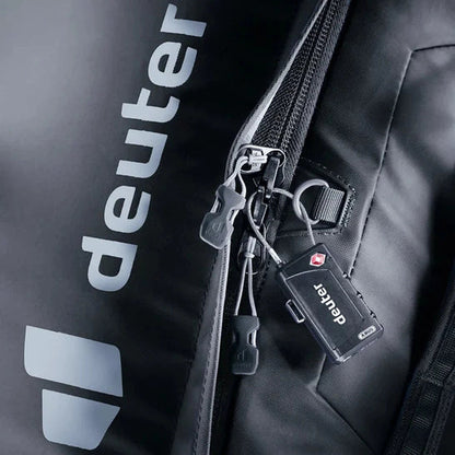 A close-up of the Deuter Duffel Pro Movo 60 in Black showing the zipper and brand tag.