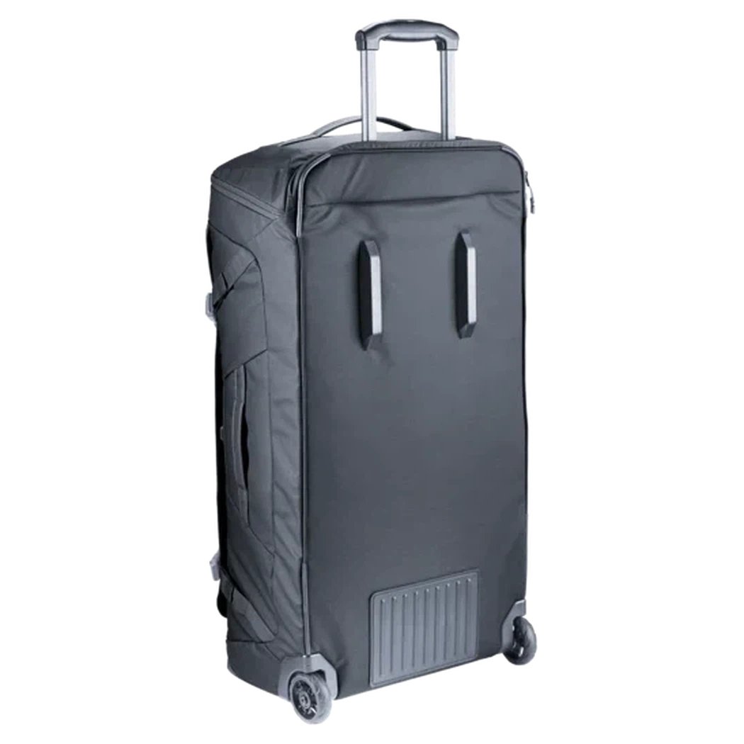 Side view of the Deuter Duffel Pro Movo 90 in Black showing the telescoping handle and wheels against a white background.