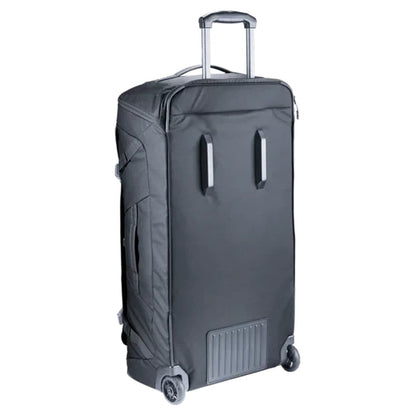 Side view of the Deuter Duffel Pro Movo 90 in Black showing the telescoping handle and wheels against a white background.