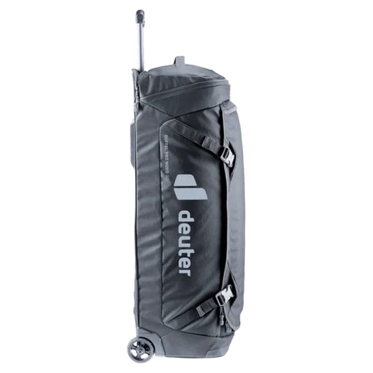 Side view of the Deuter Duffel Pro Movo 90 in Black with wheels and straps against a white background.