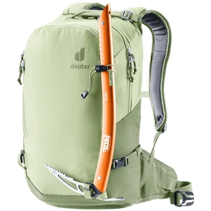 Side view of the Deuter Freecline 15 backpack in Black with a climbing axe attached, against a white background.