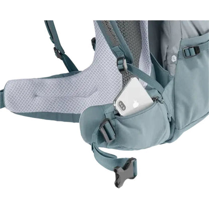 Side view of the Deuter Futura 25 SL in Graphite Shale showing the front pocket with a phone inside against a white background.