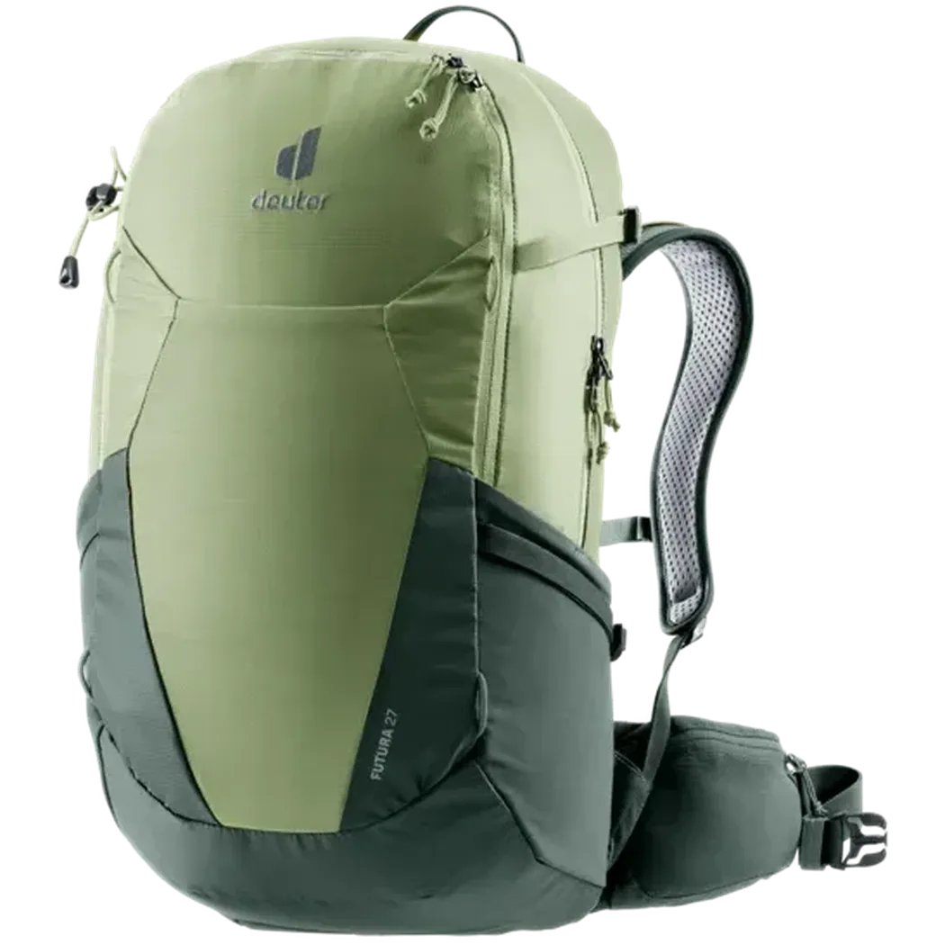 Side view of the Deuter Futura 27 in Graphite Shale showing the mesh shoulder straps against a white background.