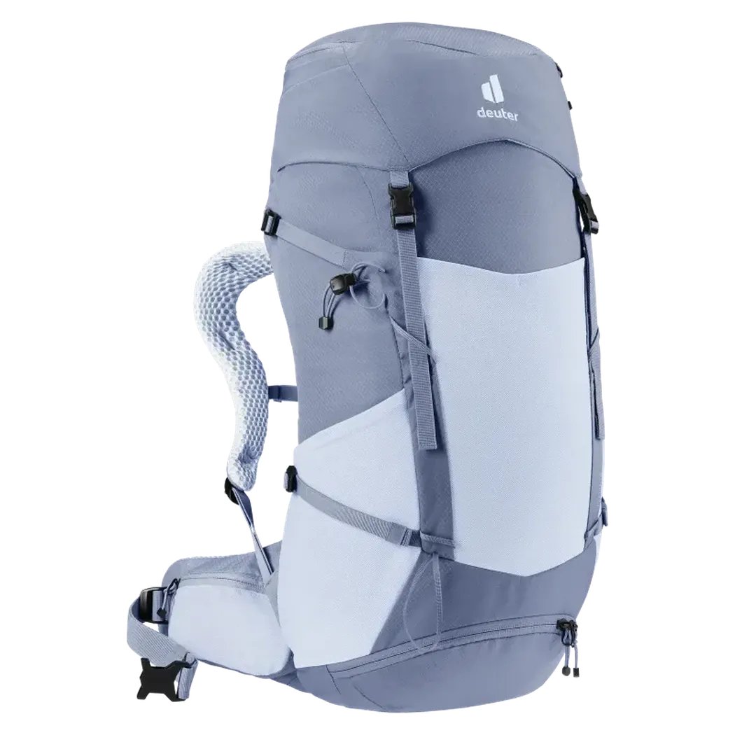 Side view of the Deuter Futura 30 SL backpack in Polar Bluejay showing the padded shoulder straps and white front panel against a white background.